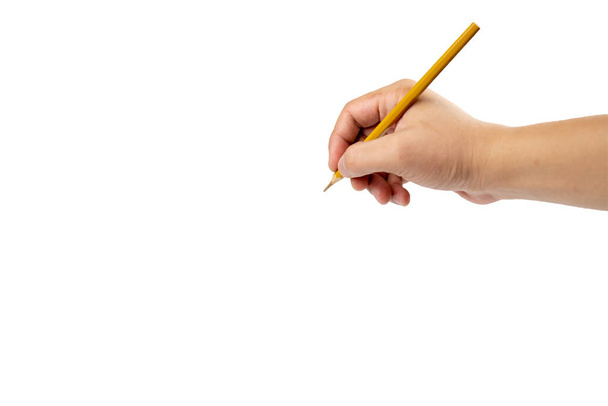 孤立したアジア人の右手には、白い背景に何かを描くための1つの色鉛筆を持っています。クリッピングパス. - 写真・画像