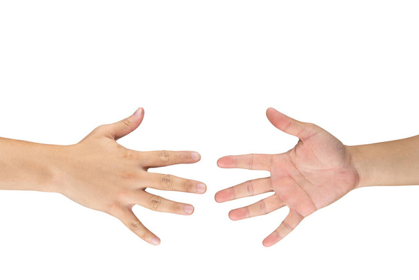 Rock Paper Scissors gambling hand game for all of ages and sex. This is Asian male hands post on white background. - Photo, Image