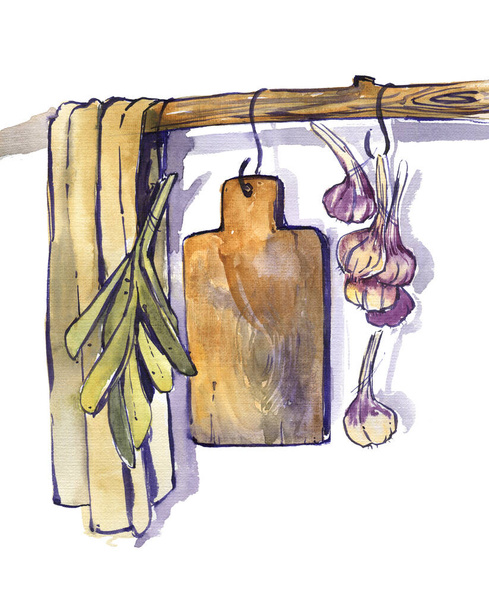 tablero de cocina ajo toalla laurel hojas especias cocina estilo de vida acuarela banner aislado
 - Foto, Imagen