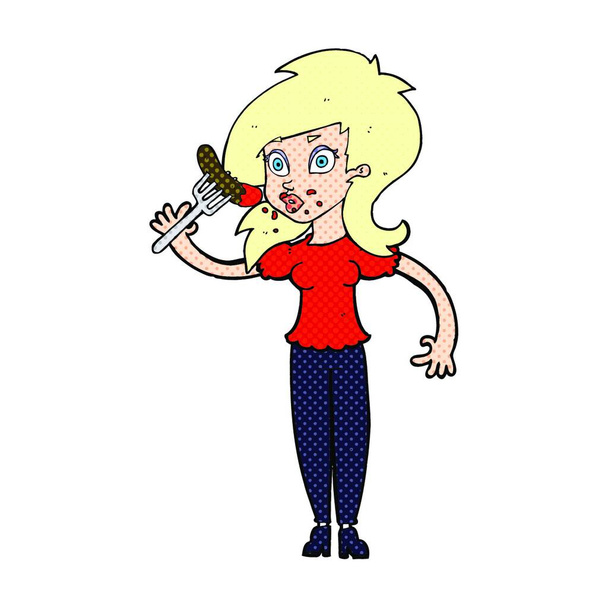 cartoon woman eating hotdog - Vetor, Imagem