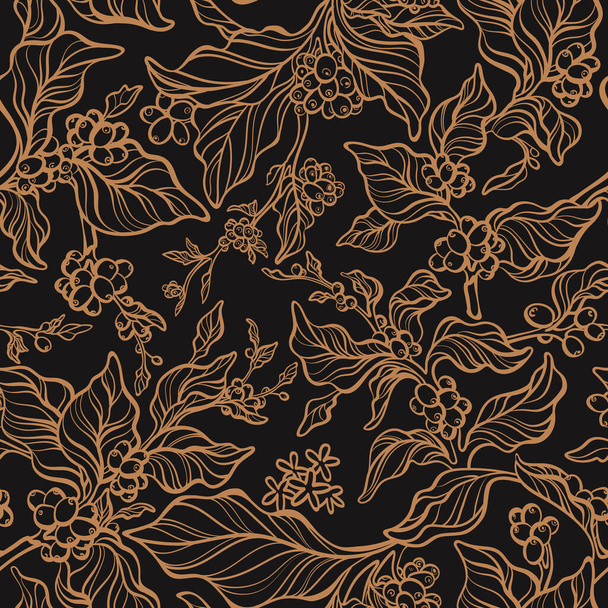 Vector vintage seamless pattern. Nature tree, coffee branch, leaf, bean, flower. Art hand drawn design, golden flora on black background, foliage, old garden in bloom. Floral print, embroidery - Vector, Image