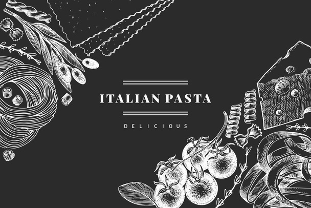 Italian pasta with addition design template. Hand drawn vector food illustration on chalk board. Engraved style. Retro pasta different kinds background. - Vector, Imagen