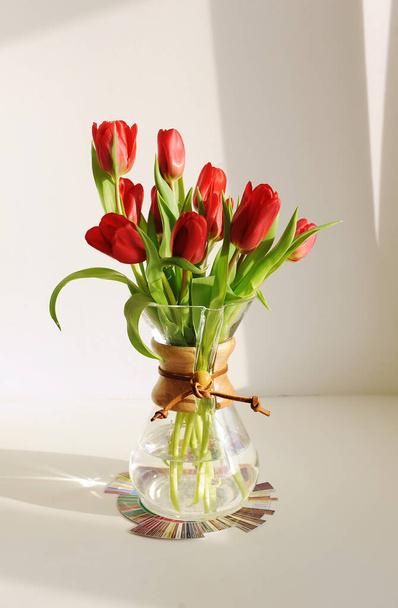 Bouquet of red spring tulips in a glass coffee decanter on tasters flavor wheel. White background, sunlight - Zdjęcie, obraz