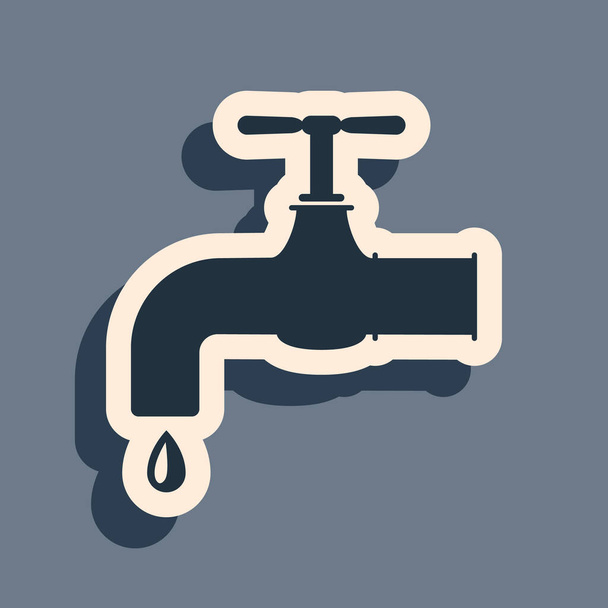 Black Water tap with a falling water drop icon isolated on grey background. Long shadow style. Vector Illustration - Vector, Image
