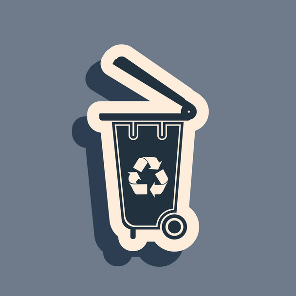 Черный контейнер Recycle с символом вторичной переработки изолирован на сером фоне. Значок мусорного бака. Знак мусорного бака. Reycle basket icon. Длинный стиль тени. Векторная миграция
 - Вектор,изображение