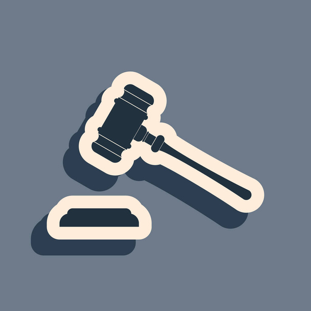 Black Judge gavel icon isolated on grey background. Gavel for adjudication of sentences and bills, court, justice, with a stand. Auction hammer symbol. Long shadow style. Vector Illustration - Vector, Image