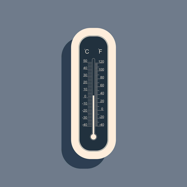 Black Celsius and fahrenheit meteorology thermometers measuring heat and cold icon on grey background. Thermometer equipment showing hot or cold weather. Long shadow style. Vector Illustration - Wektor, obraz