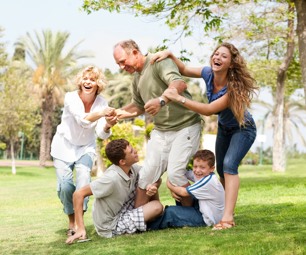 Family holding back grandfather and having fun - Photo, Image