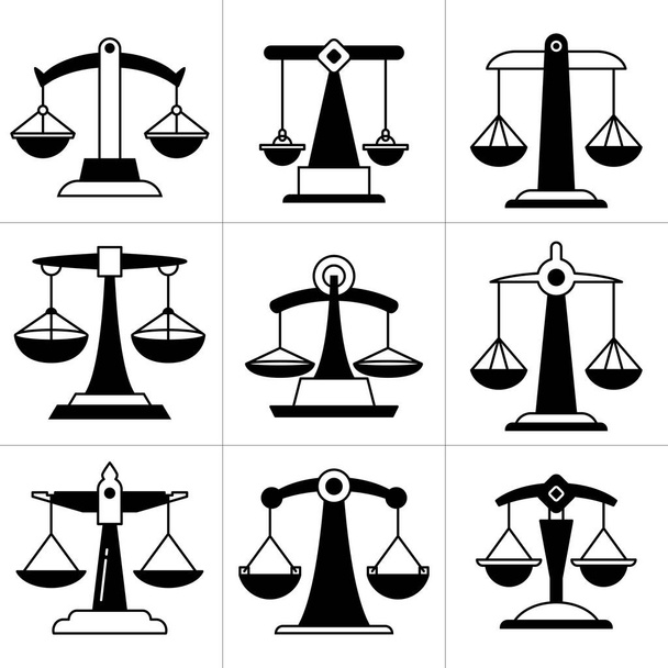 κλίμακα δικαιοσύνης, εικονίδια κλίμακας ισορροπίας που - Διάνυσμα, εικόνα