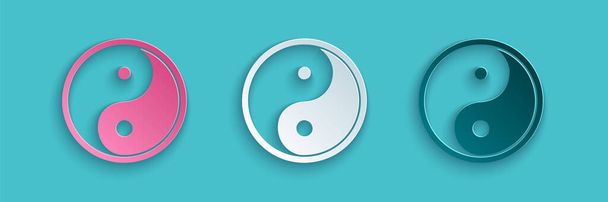 Paperi leikata Yin Yang symboli harmoniaa ja tasapaino kuvaketta eristetty sinisellä pohjalla. Paperitaidetta. Vektorikuvaus - Vektori, kuva