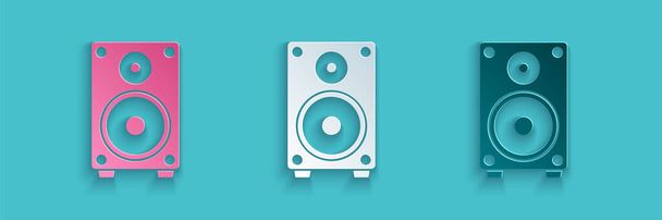 Paper cut Stereo speaker icon isolated on blue background. Sound system speakers. Music icon. Musical column speaker bass equipment. Paper art style. Vector Illustration - Vector, Image