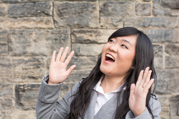 žena smíchy u kamenné zdi - Fotografie, Obrázek