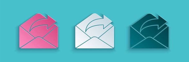 Papírvágás Kimenő mail ikon elszigetelt kék háttérrel. Boríték szimbólum. Kimenő üzenet jel. Postai navigációs gomb. Papírművészeti stílus. Vektorillusztráció - Vektor, kép
