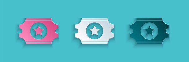 Paper cut Cinema ticket icon isolated on blue background. Paper art style. Vector Illustration - ベクター画像