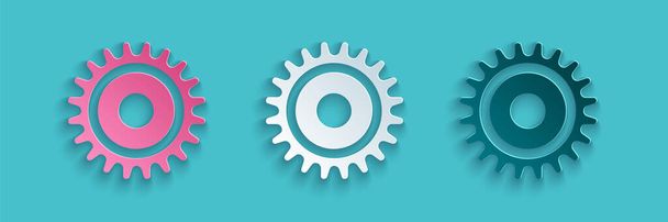 Paper cut Circular saw blade icon isolated on blue background. Saw wheel. Paper art style. Vector Illustration - Vettoriali, immagini