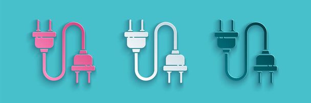 Paper cut Electric plug icon isolated on blue background. Concept of connection and disconnection of the electricity. Paper art style. Vector Illustration - Vector, Image