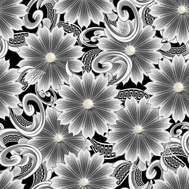 Vintage floral 3d vector seamless pattern. Greek ornamental jewelry background. Line art tracery black and white greek key meander ornament. Flowers, leaves, lines, gemstones, 3d pearls. - Vektori, kuva