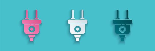 Paper cut Electric plug icon isolated on blue background. Concept of connection and disconnection of the electricity. Paper art style. Vector Illustration - Vector, Image