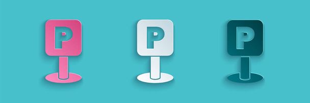 Paper cut Parking icon isolated on blue background. Street road sign. Paper art style. Vector Illustration - Vektör, Görsel
