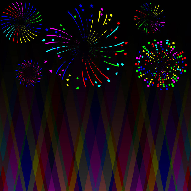 Multi-colored fireworks of various shapes and different styles on an abstract dark background create a festive mood - Vector, Image