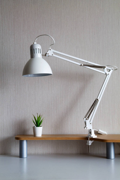 valkoinen lamppu pieni kasvi valkoisella pöydällä. työpöytäorganisaatio. toimisto sisustus
 - Valokuva, kuva