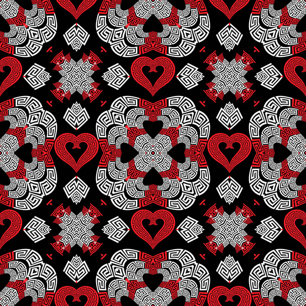 Love hearts romantic vector seamless pattern. Black white red ornamental greek style background. Modern patterned repeat backdrop. Beautiful abstract love hearts. Greek key meanders vintage ornaments - Vector, imagen