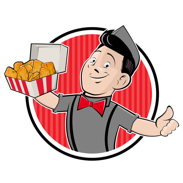 rajzfilm logó egy boldog ember felszolgáló csirke nuggets - Vektor, kép