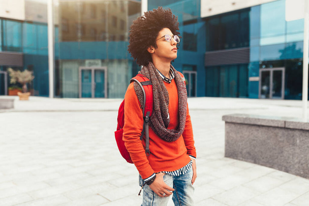 Stylish mixed race man, great design for any purposes. young student guy. Youth lifestyle. Walking on the summer city stereet and have fun - Foto, Imagen