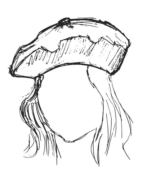 Wektor, narysowany ręcznie, szkic beretu na głowie manekina. Motywy mody i stylów, przedmioty odzieżowe - Wektor, obraz