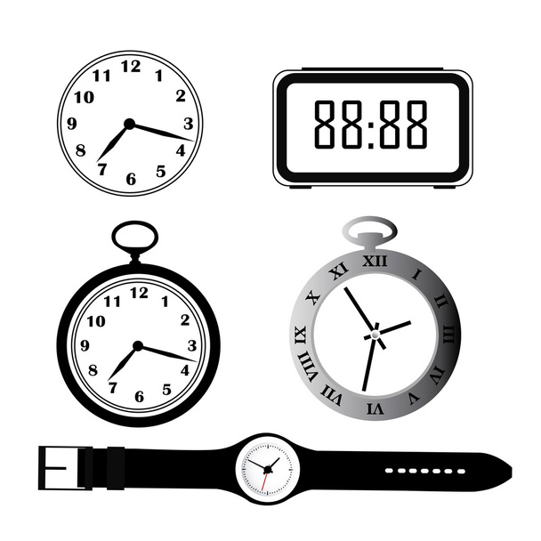 Fünf Silhouetten von Uhren - Vektor, Bild