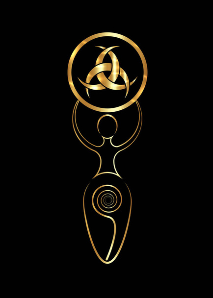 Женщина-викканка символ полового воспроизводства, спиральный цикл жизни и золотой герб Дианы де Пуатье, три чересстрочных полумесяца. Изолированный на черном фоне
 - Вектор,изображение