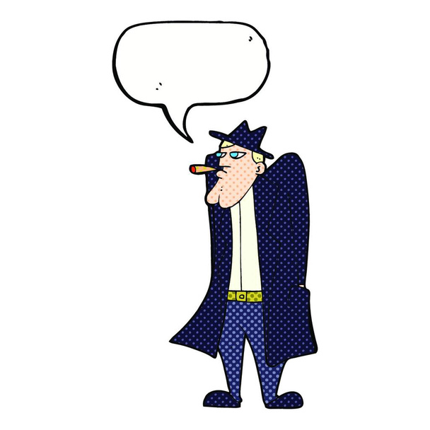 cartoon man in hat and trench coat with speech bubble - Vettoriali, immagini