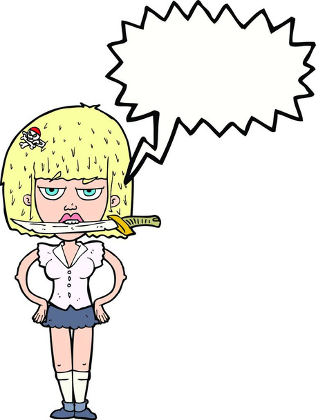 cartoon woman with knife between teeth with speech bubble - Vetor, Imagem