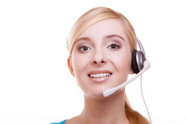 Girl with headphones and microphone headset on white - Photo, Image