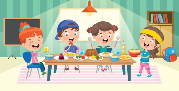 Τέσσερα μικρά παιδιά που τρώνε στην κουζίνα - Διάνυσμα, εικόνα