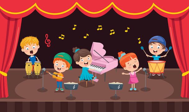 ステージで音楽を演奏する小さな子供たち - ベクター画像