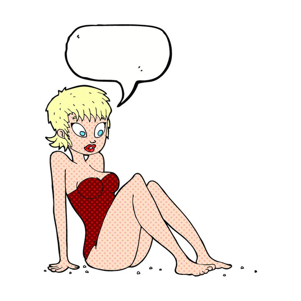 cartoon woman in swimsuit with speech bubble - Vecteur, image