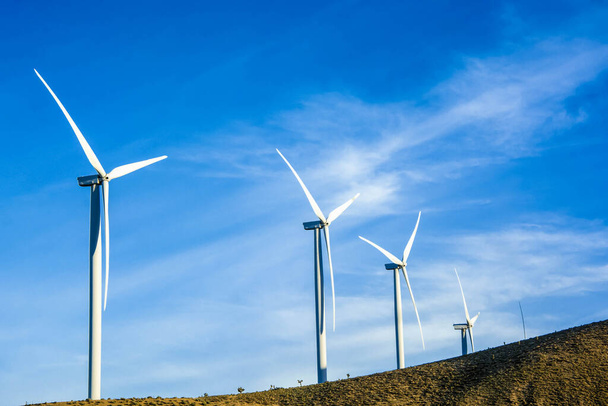 windmolen boerderij tegen blauwe lucht in palmbronnen, Californië, Verenigde Staten van Amerika - Foto, afbeelding