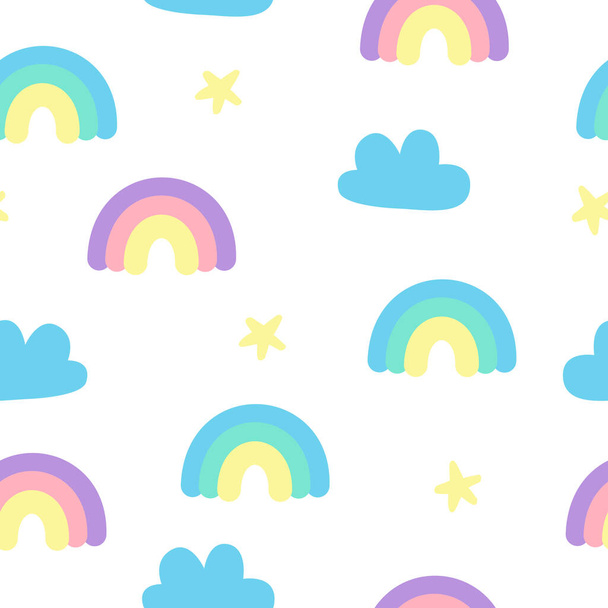 Pastel fluffy cute rainbow and clouds sky seamless pattern - Vektor, Bild