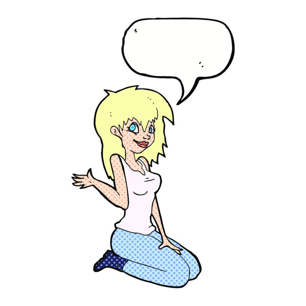cartoon pretty girl waving with speech bubble - Vetor, Imagem