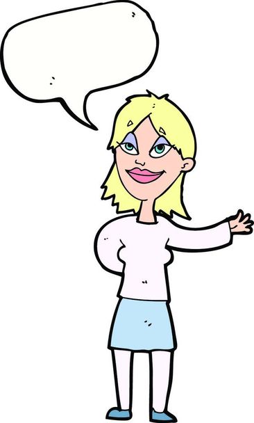 cartoon woman gesturing to show something with speech bubble - Vetor, Imagem
