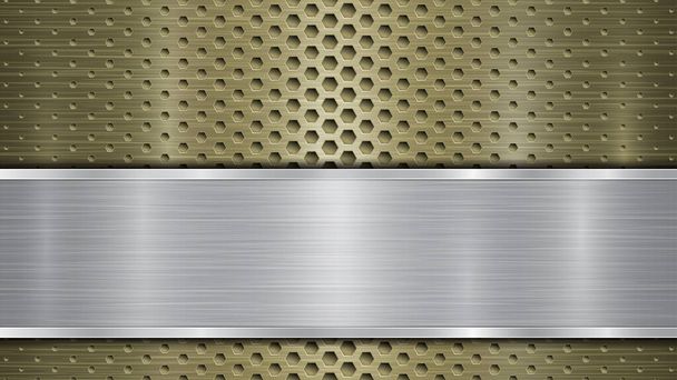 Background of golden perforated metallic surface with holes and silver horizontal polished plate with a metal texture, glares and shiny edges - Vector, Image