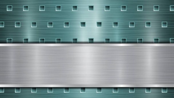 Fundo de luz azul perfurado superfície metálica com furos e placa polida de prata horizontal com uma textura de metal, brilhos e bordas brilhantes
 - Vetor, Imagem