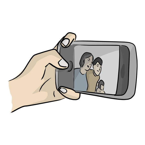 mão close-up de uma mulher tomando selfie com sua família vetor ilustração esboço doodle mão desenhada isolado no fundo branco
 - Vetor, Imagem