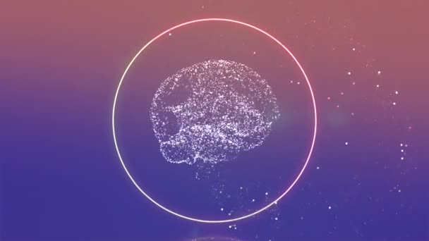 Beleuchtende abstrakte Gehirnstruktur, die sich innerhalb des Lichtrings über rosa-blauem Hintergrund dreht. - Filmmaterial, Video