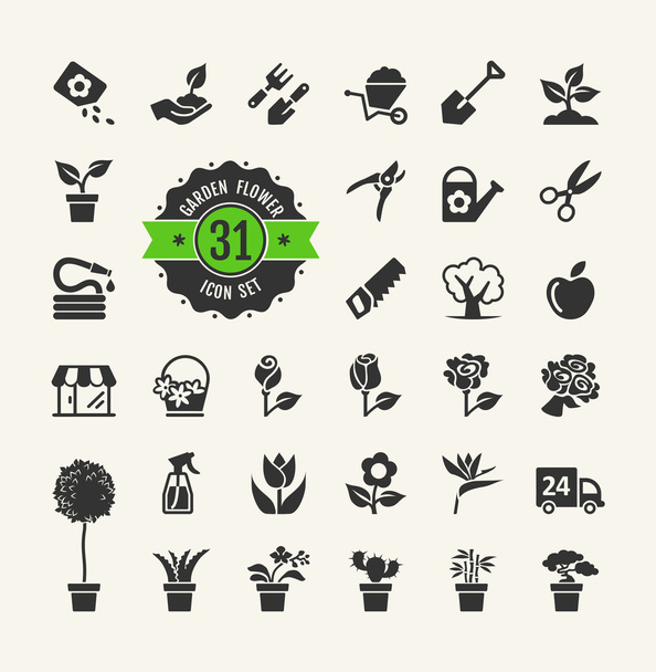 Conjunto de iconos de herramientas de flores y jardinería
 - Vector, Imagen