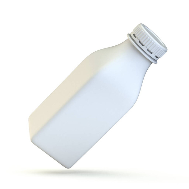 Square plastic bottle with lid Angled 3D render illustration isolated on white background - 写真・画像