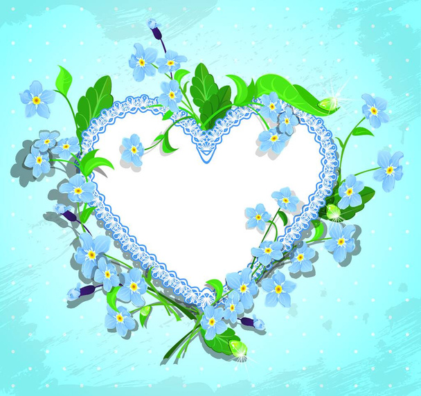 Bouquet of beautiful forget me not flowers and lace heart on blue polka dot background. Design  for Valentines Day, Birthday or Wedding card. - Vektor, obrázek