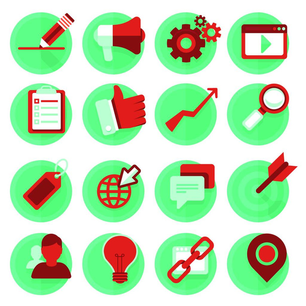 Vector digital marketing icons in flat style - round badges with technology signs and symbols - Vector, afbeelding