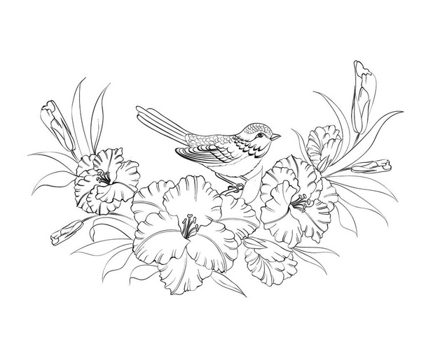 Bird sitting on a branch of hibiskus isolated on white background. Vector illustration. - Вектор,изображение